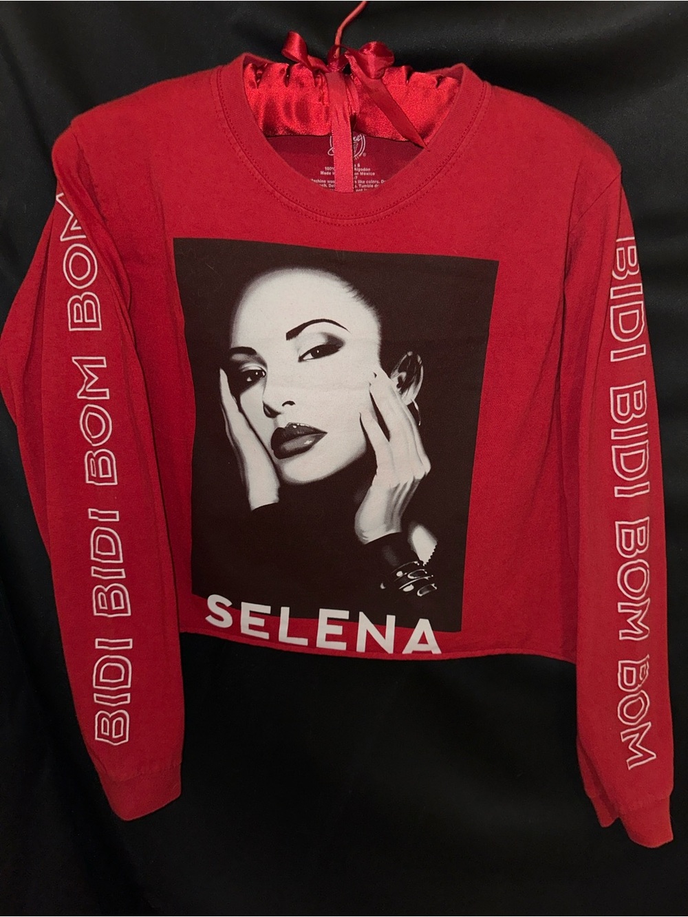 Red Selena Graphic Crewneck Sweatshirt with Sleeve Text